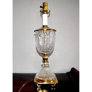 Vintage Crystal Table Lamp Brass Base Hurricane Hollywood Regency Style